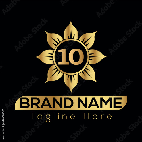 Vector illustration of a gold medal with ribbon is a best award icon, a golden sign of victory 10 logo design 