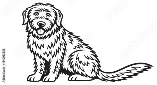 Hand-Drawn Fluffy Dog Sitting Silhouette Vector Illustration