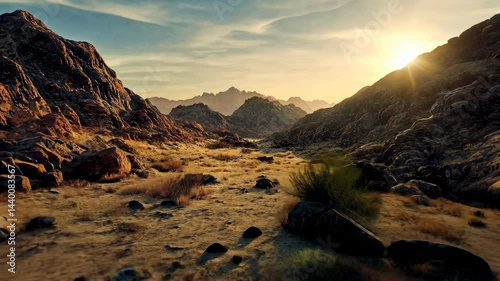 A desert canyon with realistic video game lighting, highlighting the textures of rocks during golden hour.