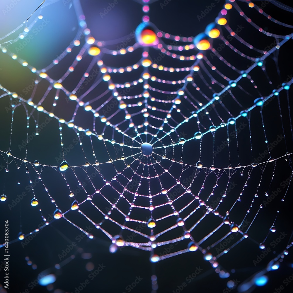 Fototapeta premium Macro photography, intricate spider web, dew drops, iridescent reflections, dark background, symmetrical pattern, delicate threads, water droplets, rainbow colors, natural geometry, morning light, eth