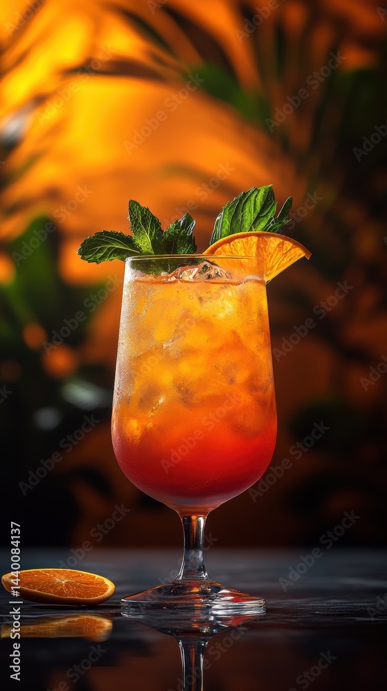 Refreshing cocktail with citrus garnishes displayed in a vibrant tropical setting Refreshing cocktail with citrus garnishes displayed in a vibrant tropical setting
