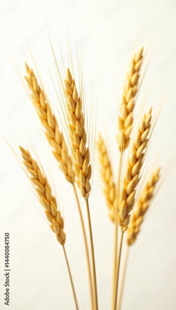 Close up of golden wheat stalks on white background with vibrant colors, organic, agriculture, food Close up of golden wheat stalks on white background with vibrant colors, organic, agriculture, food