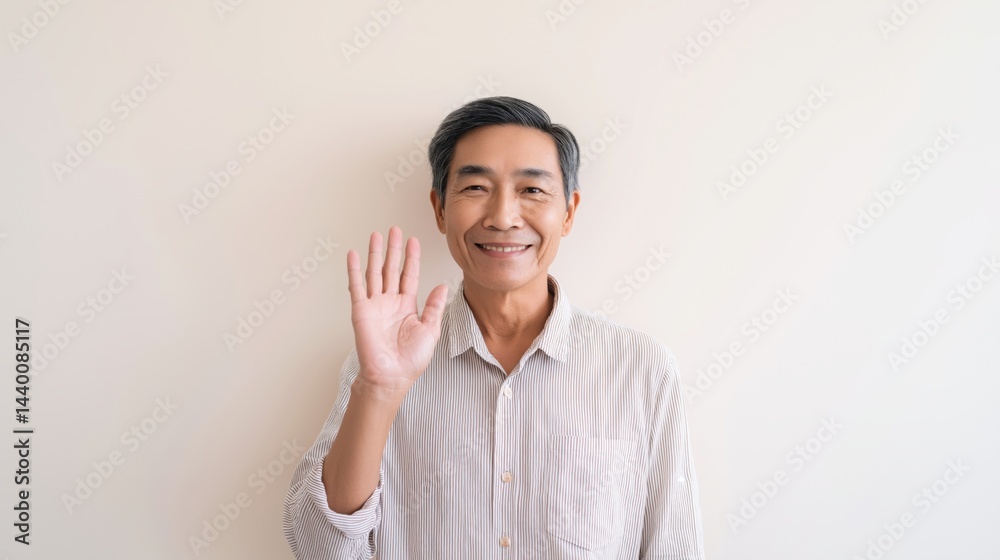 Older man smiling and waving hello in a neutral indoor space with soft lighting.