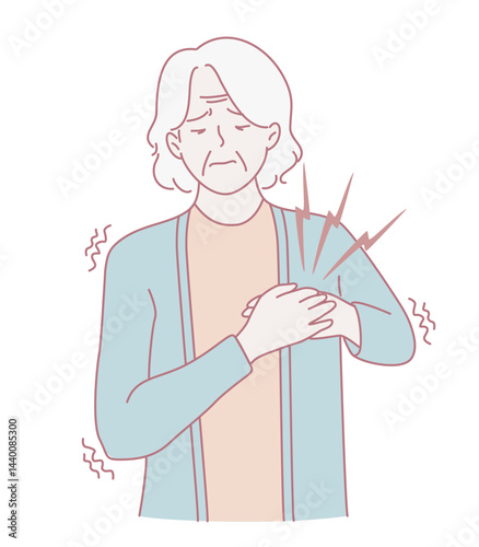 An illustration that depicts an elderly individual experiencing shoulder pain and discomfort in their daily life