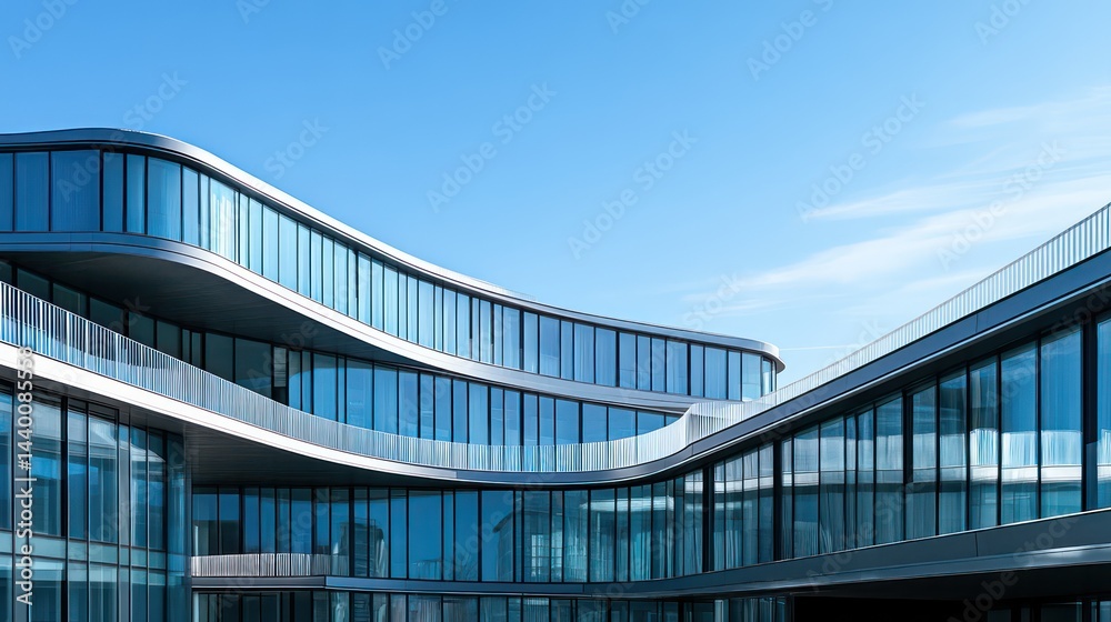 Fototapeta premium Wavy glassy office structure beneath vibrant sky