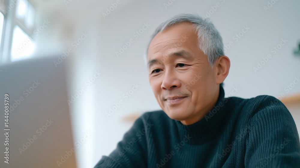 Older man engaged in online activity at home while smiling and looking at laptop during daytime.
