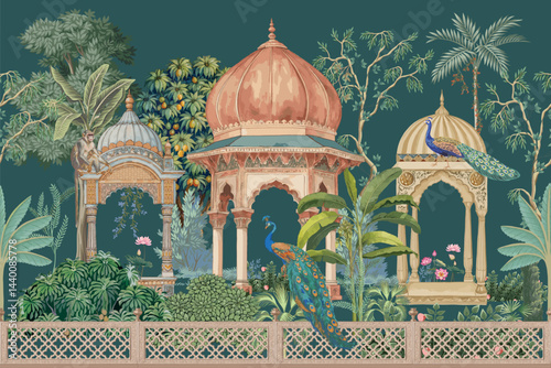 Mughal garden at night with peacock, bird, plant and botanical tree landscape illustration seamless pattern