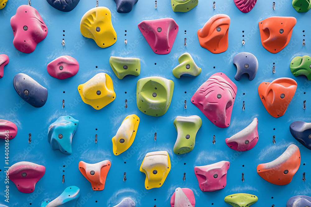 Colorful Climbing Holds on a Blue Climbing Wall Colorful Climbing Holds on a Blue Climbing Wall