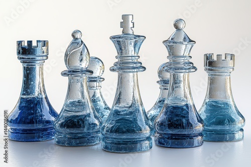 Glass Chess Pieces Filled with Blue Liquid Strategy Game Concept Elegant Design Crystal Clear
