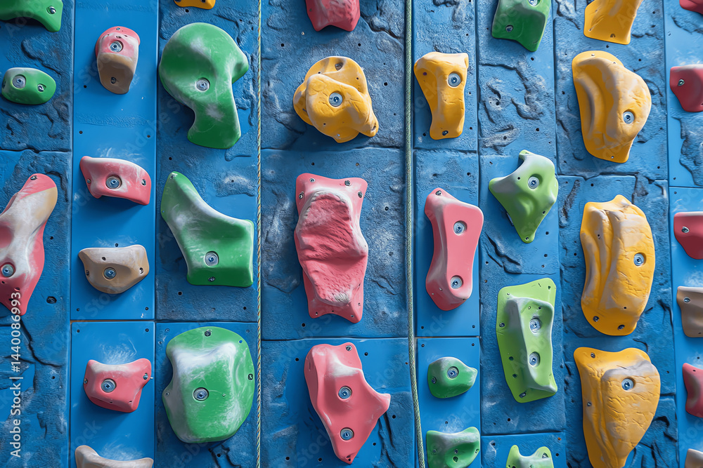 Colorful Climbing Holds on a Blue Climbing Wall