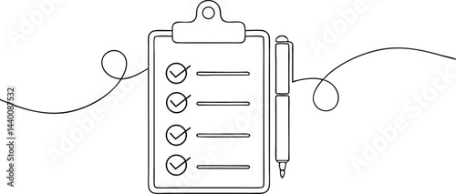 continuous line drawing of clipboard with checklist and pen in clean black and white modern office style