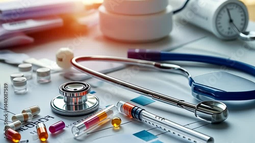 Exploring the intricate world of healthcare with medical tools and medications on a clinical workspace Generative AI