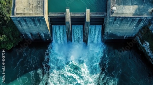  Aerial view of a massive dam releasing water through sluice gates.