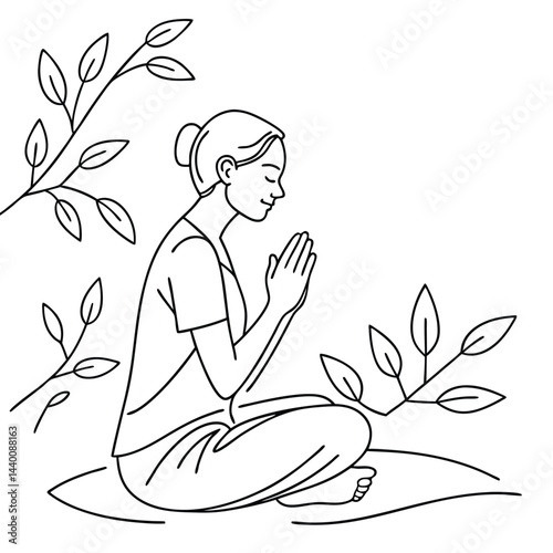 Woman meditating in nature line art illustration peaceful serene yoga mindfulness