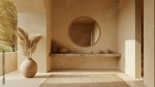 Minimalist Entryway: A serene and sophisticated entryway with a circular mirror, a vase of pampas grass, and a marble shelf bathed in warm sunlight.