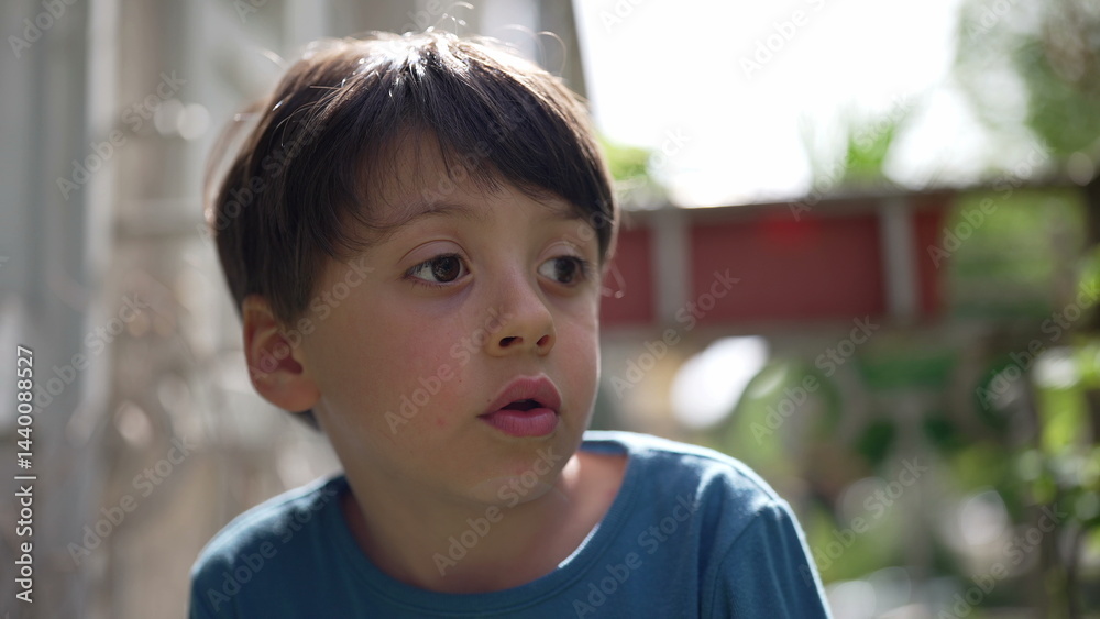 Young boy looking intently to the side, with a thoughtful expression on a sunny day. the quiet moment of a child lost in thought, surrounded by the greenery of the outdoors-SD 480p Young boy looking intently to the side, with a thoughtful expression on a sunny day. the quiet moment of a child lost in thought, surrounded by the greenery of the outdoors-SD 480p