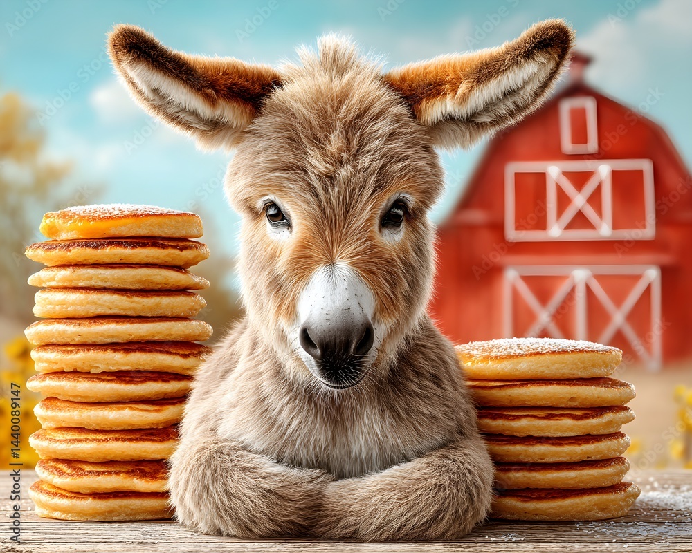 A cute baby donkey curiously sitting beside a tall stack of pancakes with rustic barn, blending charm, humor, and countryside warmth.