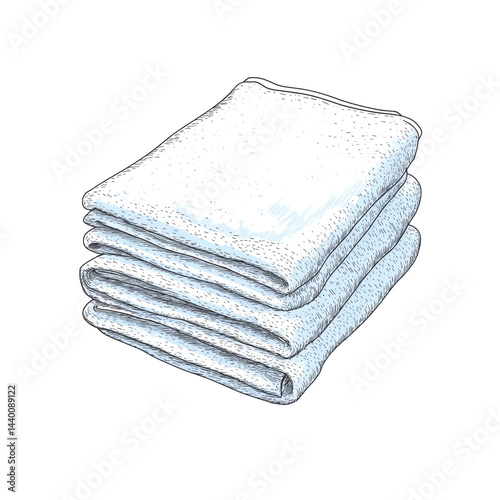 Stack of Four Folded Clean White Terrycloth Towels, Hand-Drawn Illustration