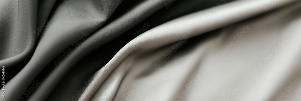 Obraz premium Smooth satin fabric texture. Gray and beige folded textile background, close up. Soft silky surface