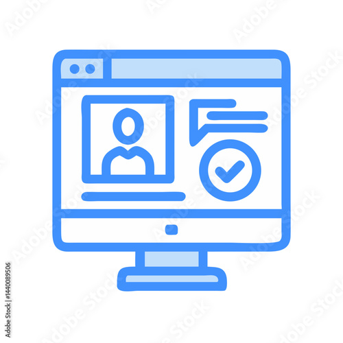 Online profile completion with user avatar, checkmark, and computer monitor icon