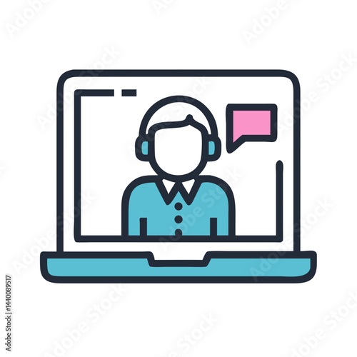 Online Support Representative Icon: Laptop, Headset, Communication Symbol