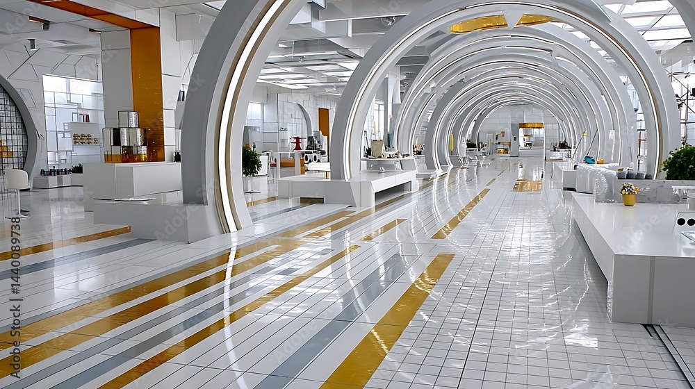 Obraz premium Modern Futuristic Architecture Interior Design White and Gold Hallway with Arched Ceilings