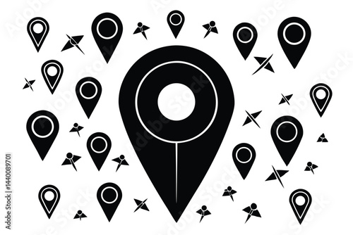 Black and white location pin icons navigation markers and push pins design