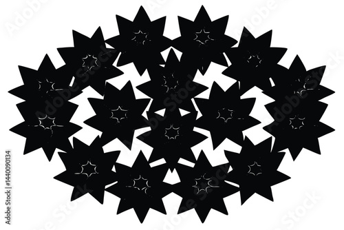 Black floral abstract geometric pattern in circular arrangement star shapes