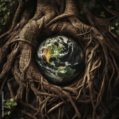 September Eco Stewardship Globe cradled by tree roots ecostewardship theme earthy greenbrown contrast Image photo