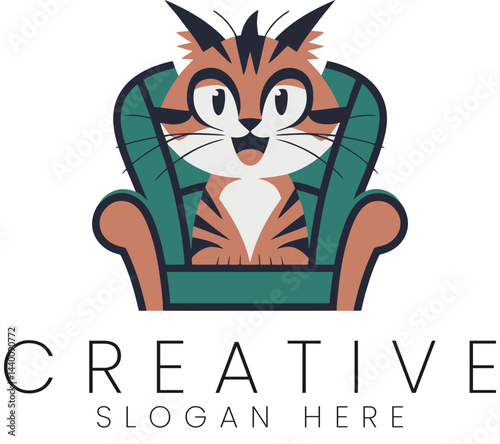 Happy Cat Sitting in Armchair Cute Cartoon Illustration Design pet home cozy teal flat logo icon    