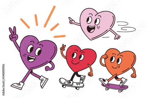Cartoon heart characters expressing joy and friendship on skateboards and walking