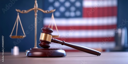 Gavel and Scales of Justice with U.S. Flag, Symbolizing Law and Order