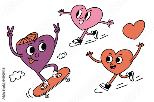 Cartoon hearts having fun running and skateboarding on white background