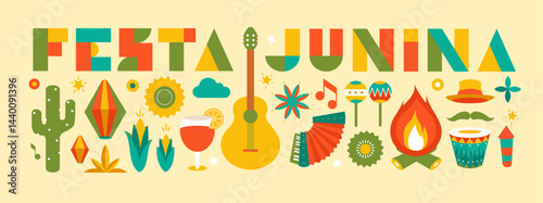 Festa junina poster with geometric pattern. Summer brazilian carnival banner with icons of music, lanterns, flowers, hats and flags. Geometric banner of june festival in Brazil, vector illustration