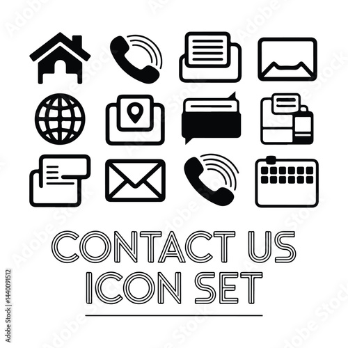 A silhouette Contact us icon. Web icons set , home, call, email, address, location, globe, fax, message, envelope, mobile, telephone, website, icon vector on a white background