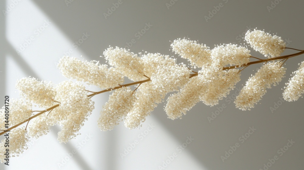 Fototapeta premium Beige sprig with white fluff against white wall