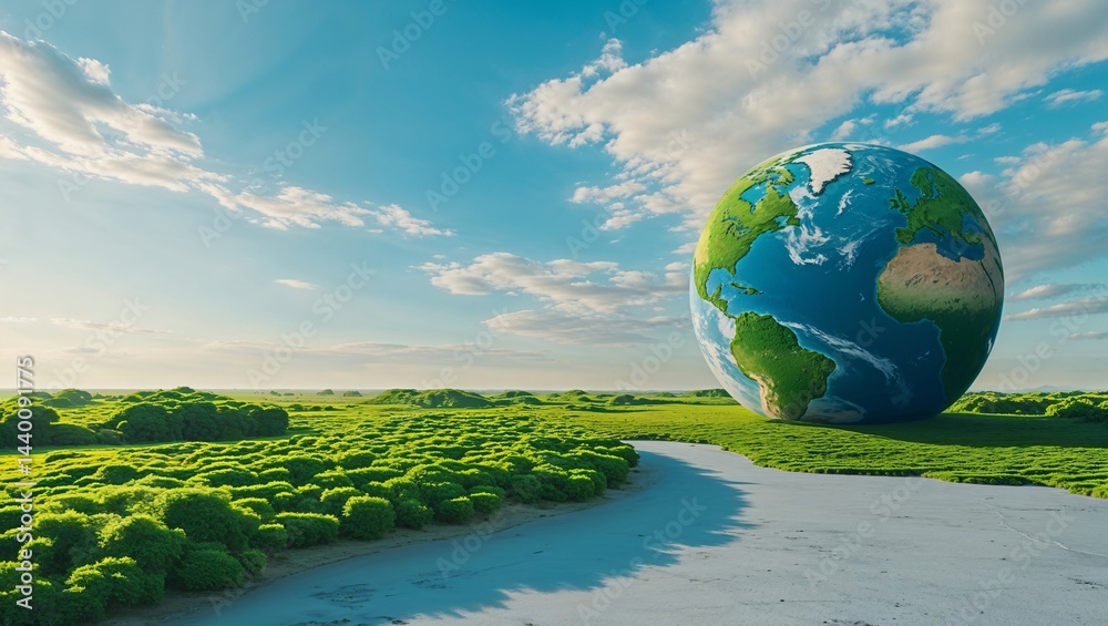 Minimalistic World Environment Day scene with greenery-covered Earth on the left, horizon view with sky-toned flat background � ideal for widescreen posters Minimalistic World Environment Day scene with greenery-covered Earth on the left, horizon view with sky-toned flat background � ideal for widescreen posters