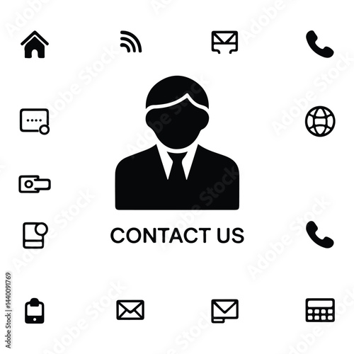 A silhouette Contact us icon. Web icons set , home, call, email, address, location, globe, fax, message, envelope, mobile, telephone, website, icon vector on a white background