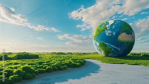 Minimalistic World Environment Day scene with greenery-covered Earth on the left, horizon view with sky-toned flat background � ideal for widescreen posters