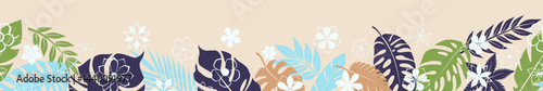 Horizontal seamless banner combines of stylized colored palm leaves and white flowers, arranged against a beige backdrop.