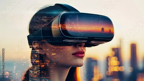 Immersive vr experience woman exploring digital cityscape via virtual reality headset