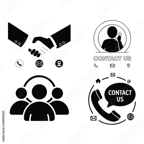 A silhouette Contact us icon. Web icons set , home, call, email, address, location, globe, fax, message, envelope, mobile, telephone, website, icon vector on a white background