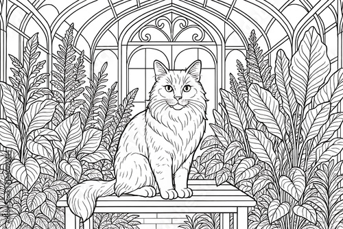 Cat in a botanical greenhouse - coloring for adults and children
