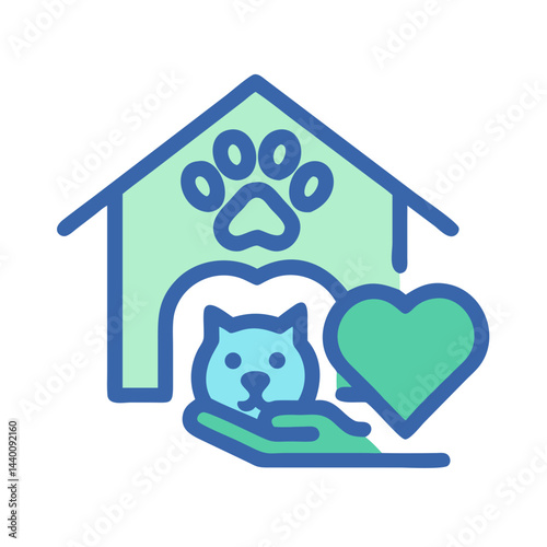 Animal shelter icon with cat, heart, and paw print, illustration.