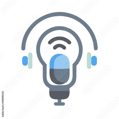 Podcast Icon with Headphones and Microphone, Vector Illustration for Audio Content