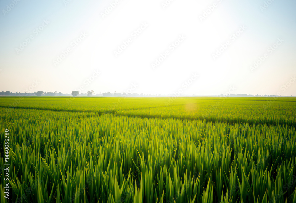 Obraz premium Vibrant rice paddy field stretches across the landscape, showcasing neat green rows under a clear blue sky with bright sunlight.