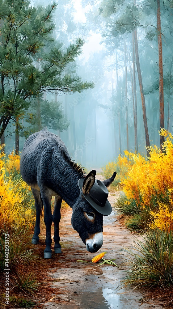 A whimsical scene of a donkey wearing a detective hat, humorously investigating the mystery of a missing corn, blending charm and imagination.