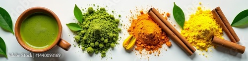 Creative flat lay of herbal tea blends with matcha powder, turmeric, and cinnamon sticks, alternative, wellness, antioxidant