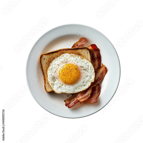 Top view of a delicious breakfast with fried eggs, bacon, and toast on a white plate. Slightly angled from above. transparent background 