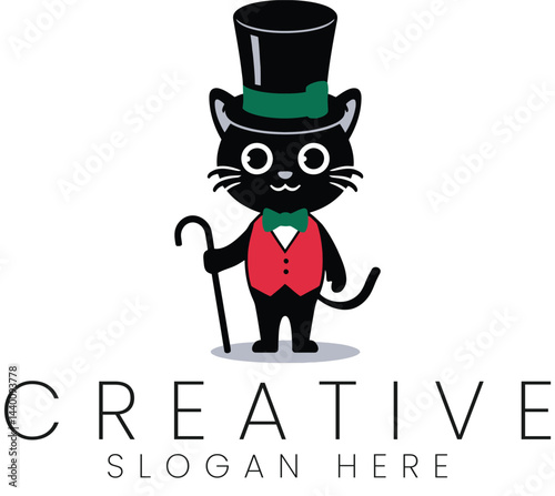 Elegant Black Cat Gentleman Top Hat Cane Logo Design Vector Illustration red art pet cute icon flat 